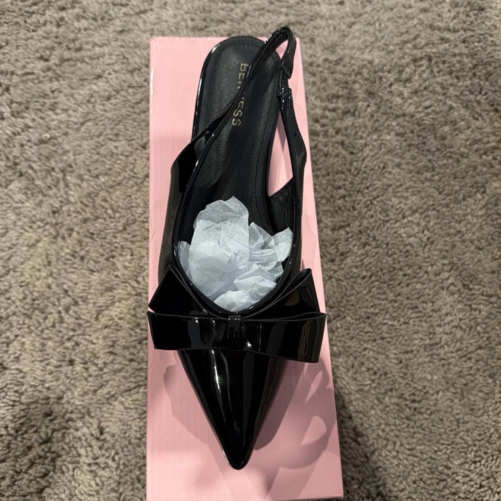 Black Patent Pointed Slingback Mule with Decorative Bow